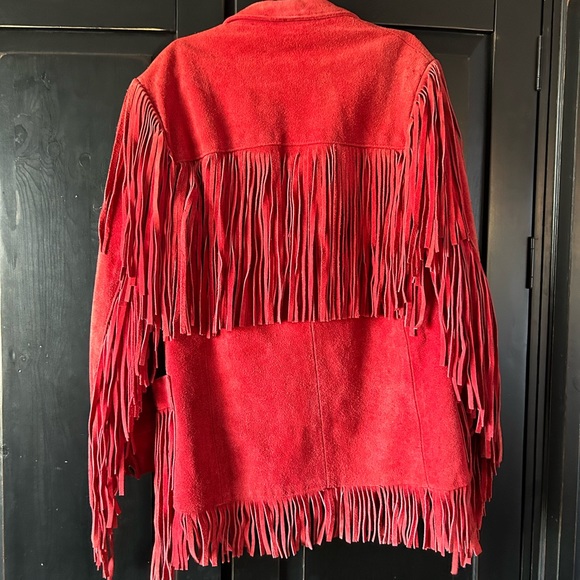 Vintage 70s South Western Boho Hippie Vakko Red Fringe Coat/Jacket XS-S, 0-2 - Picture 2 of 4